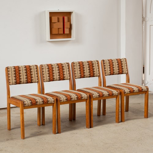 Set Of 4 Pine Chairs With Original Wool Upholstery, C1960