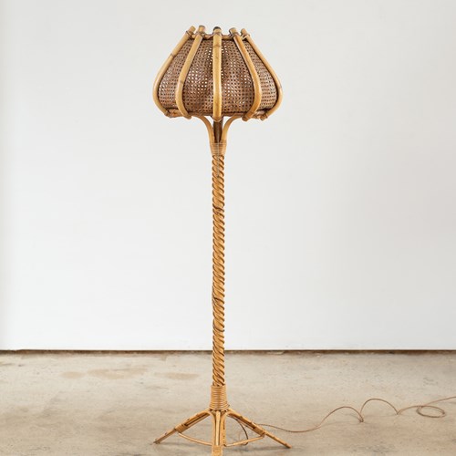 Mid-Century Cane And Rattan Floor Lamp, Spain C1960.