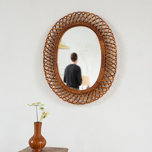 Oval Cane Cage Mirror By Bonacina, Italy C1960