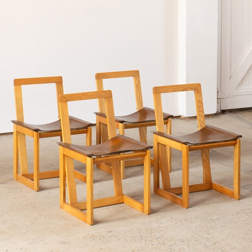 Set Of 4 Ash Wood Chairs With Leather Sling Seats, Italy C1960