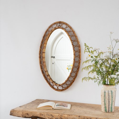 Italian Bamboo And Rattan Oval Mirror, C1960