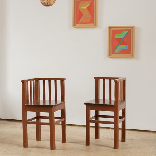 Pair Of Wooden Corner Seats With Glossy Black Edge Stripe, C1920