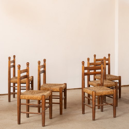 Set Of 6 1930'S Italian Fir Wood And Rush Seat Chairs