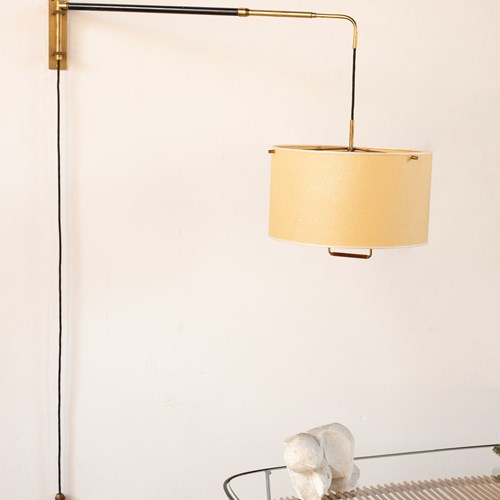 Italian Brass And Leather Wall Light With Original Parchment Shade, C1950
