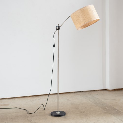 Chrome And Metal Floor Lamp With Raffia Shade, C1950/60