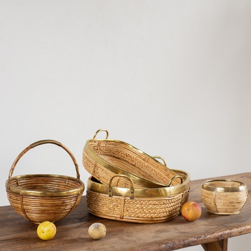 Cane And Brass Bowls And Trays From Italy C1960