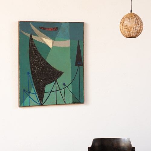 Abstract Surrealist Painting In Acrylic On Canvas By R Brosse, 1964