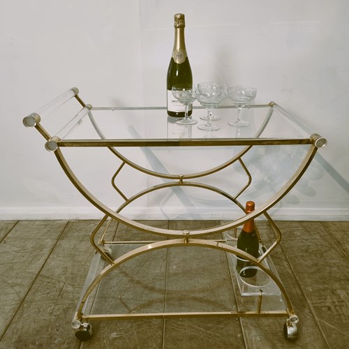 1970'S Hollywood Regency Brass Plated Lucite Drinks Trolley