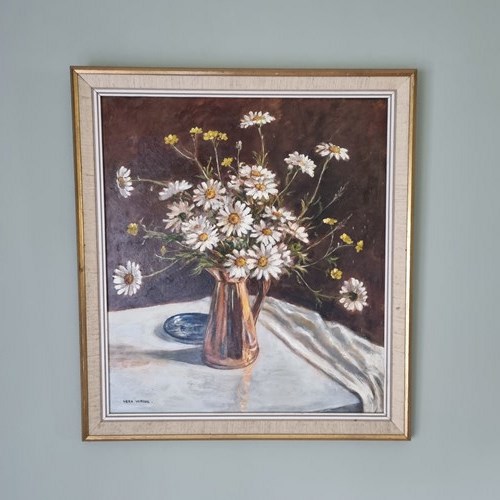 Vintage Oil On Board Still Life Daisies In Copper Jug