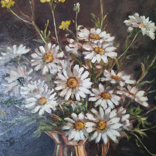 Oil On Board Still Life Daisies In Copper Jug