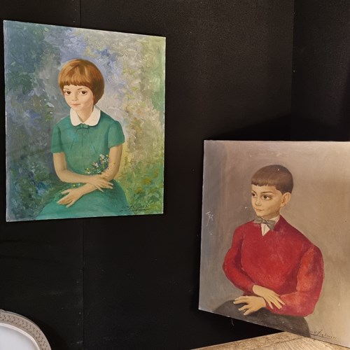 Pair Of French Portraits Oil On Canvas, 'Les Enfants'