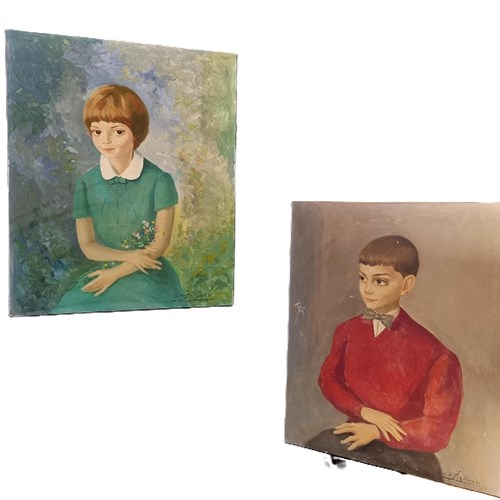 Pair Of French Portraits Oil On Canvas, 'Les Enfants'