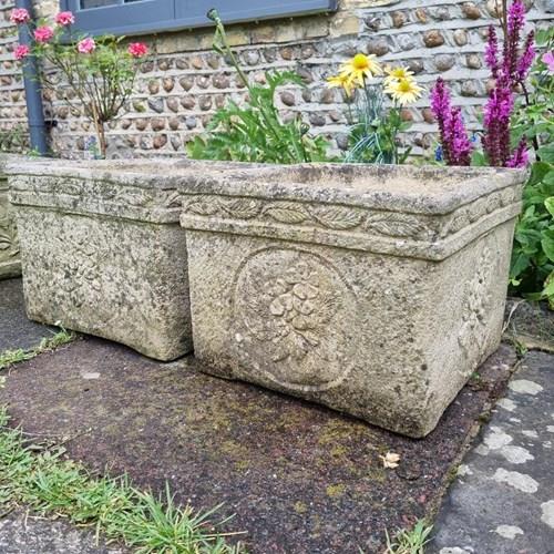 Pair Of Large Weathered Floral Planters By Sandford Stone 