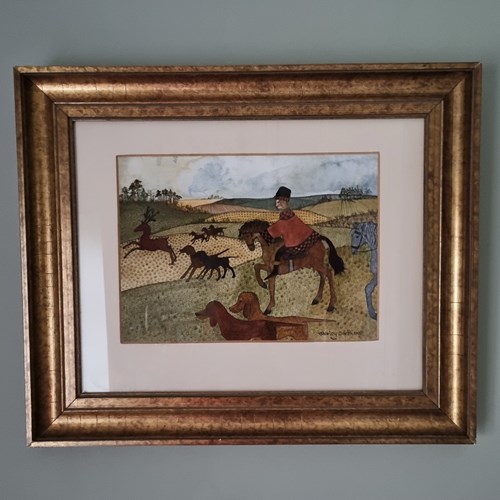 Late 20Th Century Watercolour Painting Of Deer Hunt