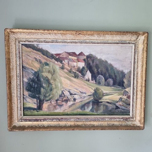 Early 20Th Century Village Scene Oil On Canvas Painting