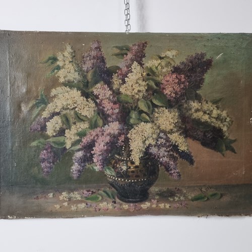 19Th Century Still Life Oil On Canvas Of Lilac Blooms In Vase