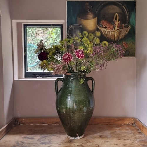 Earthenware Glazed Green Olive Jar