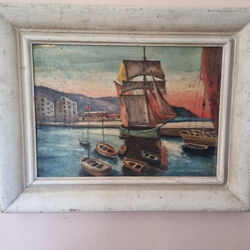 French Oil Painting Of Boats In A Harbour