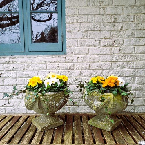 Pair Of Weathered Cast Stone Goblet Planters