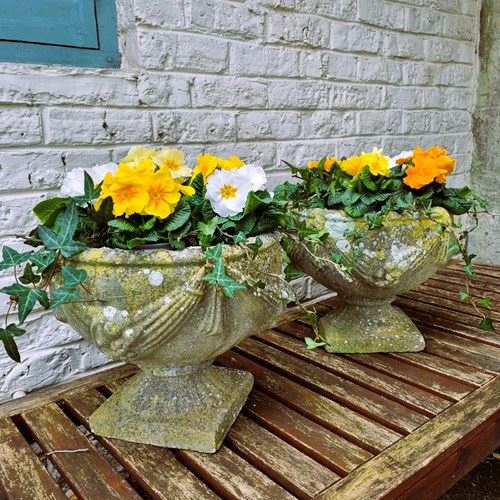 Pair Of Weathered Cast Stone Goblet Planters