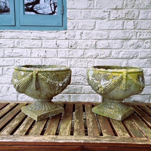 Pair Of Weathered Cast Stone Goblet Planters