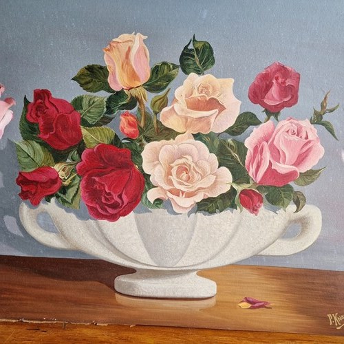 Vintage Naive Oil On Board Painting Of Roses