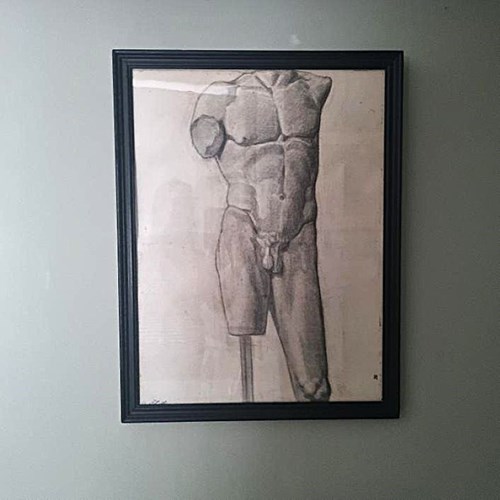 Mid-Century Framed Charcoal Of Classical Male Torso