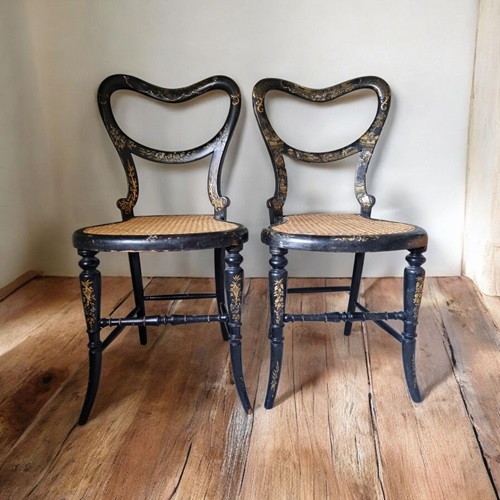 Pair Of Victorian Ebonised Chinoiserie Small Chairs