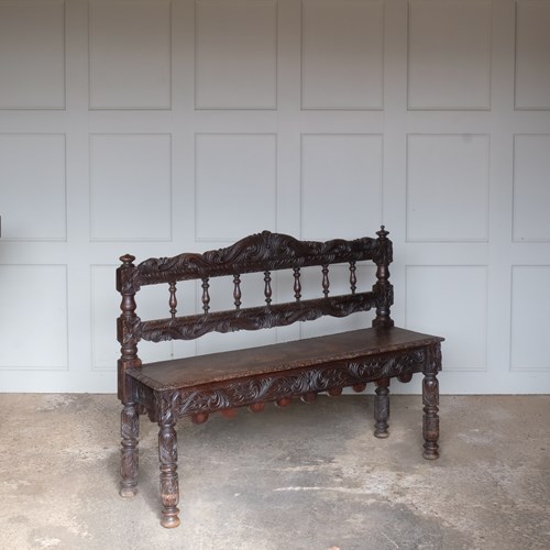 Edwardian Small Oak Carved Bench