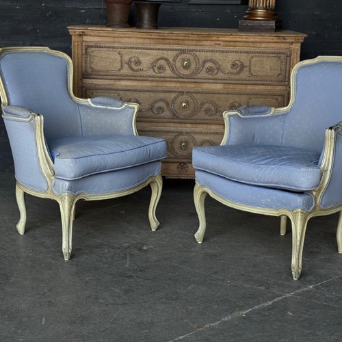 Pair French Comfortable Bergere Arm Chairs