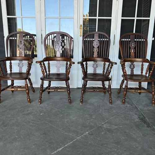 Harlequin Set 4 Antique Country Broad Arm Chairs