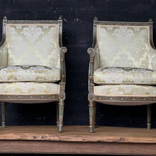 Exceptional Pair French Bergere Arm Chairs