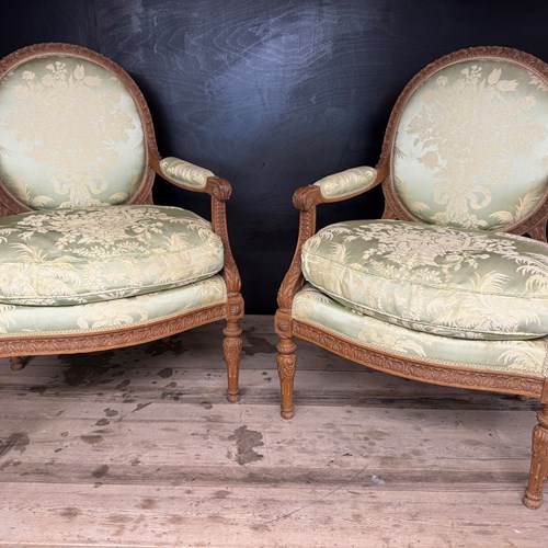 Pair Generous French Bergere Arm Chairs