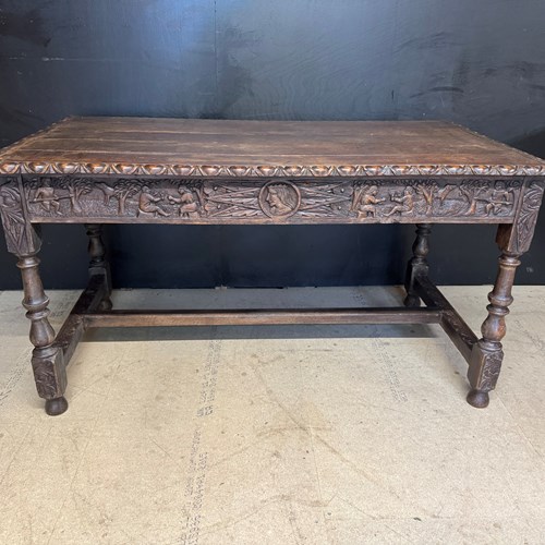 19Th Century Carved Oak Table With Drawers 