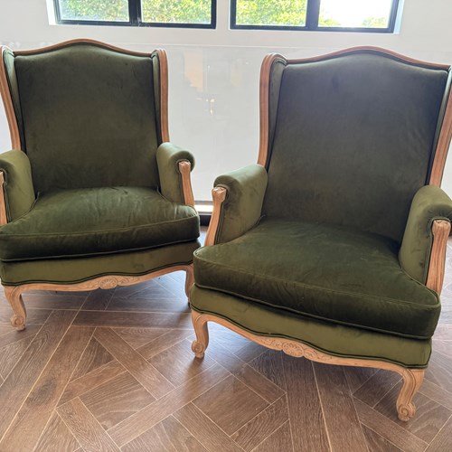 Extremely Comfortable Pair French Wing Arm Chairs