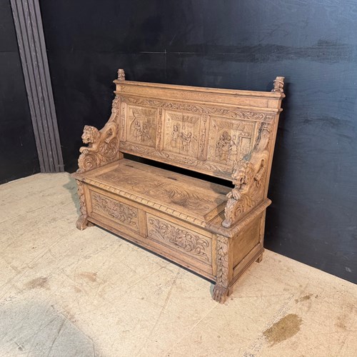 French Carved Oak Tavern Scene Bench