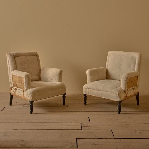 Pair Of Napoleon III High Backed Pillow Armed Armchairs