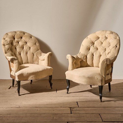 Pair Of Napoleon III High Buttoned Curved Back Armchairs