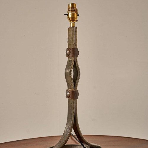 Mid 20Th Century Iron And Leather Table Lamp By Jean Pierre Ryckaert