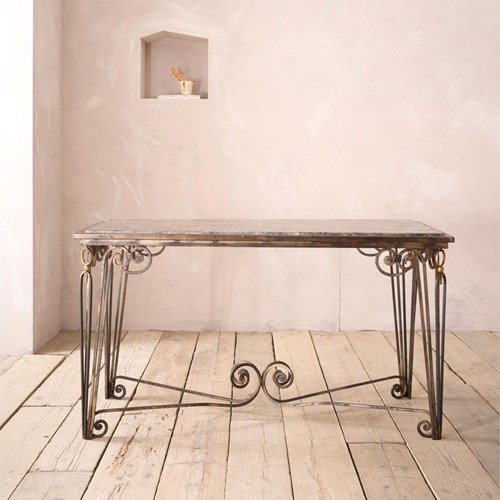 Mid Century Fossil Marble Console Table With Metal Base