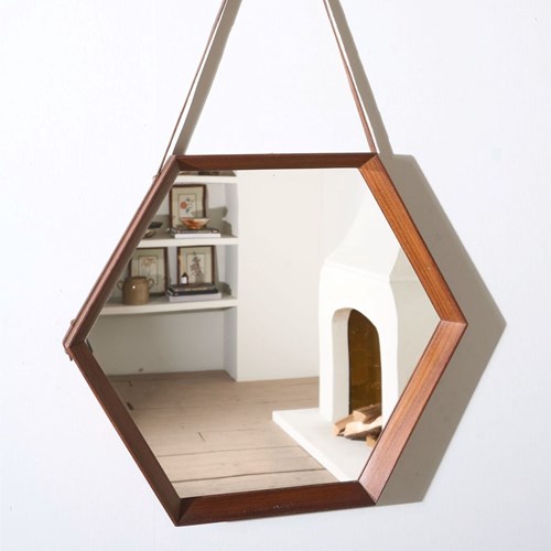 Mid 20Th Century Solid Teak Hexagonal Mirror - No1
