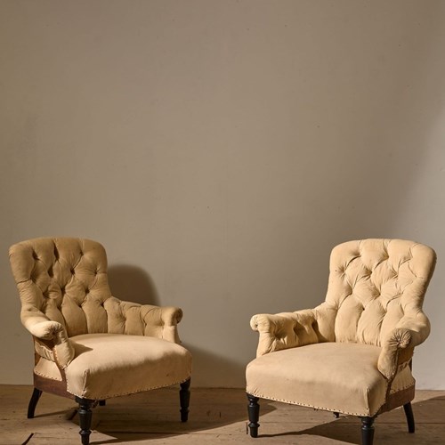 Pair Of Napoleon III Buttoned Curved Back Armchairs