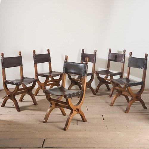 Set Of 6 Mid 20Th Century Spanish Walnut And Leather Dining Chairs