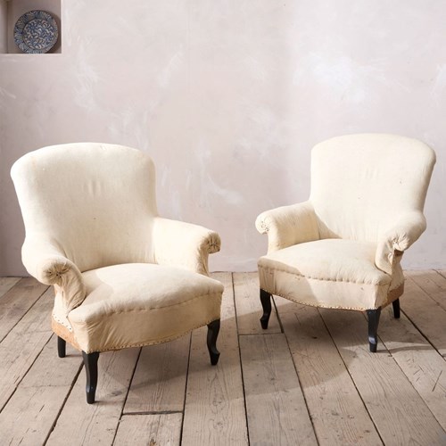 Pair Of Napoleon III Wide Armed Plain Curved Back Armchairs