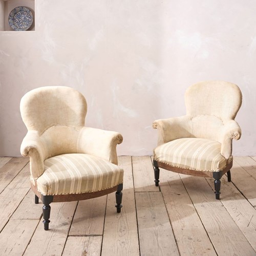 Pair Of Napoleon III Plain Spoon Back Armchairs