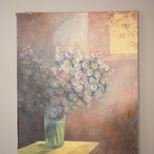 20Th Century Oil On Canvas Painting Of Flowers On A Table