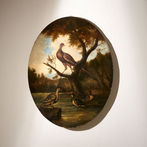 19Th Century Very Large Oval Oil On Canvas Painting Of Birds