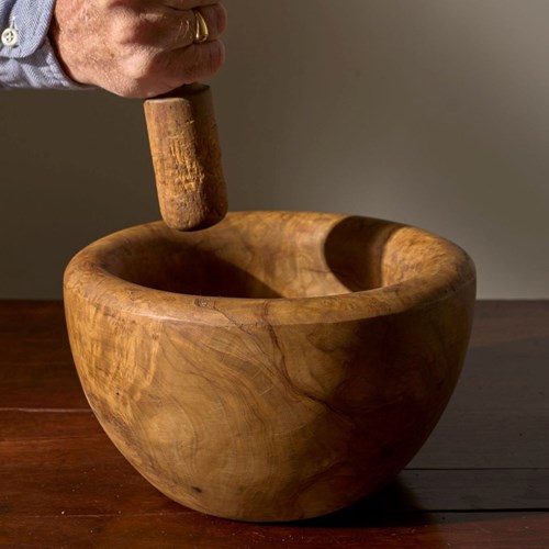 20Th Century Olive Wood Pestle And Mortar