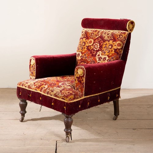 Large Proportioned 19Th Century Carpet Covered Armchair