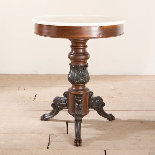 19Th Century Carved Mahogany And White Marble Gueridon Table